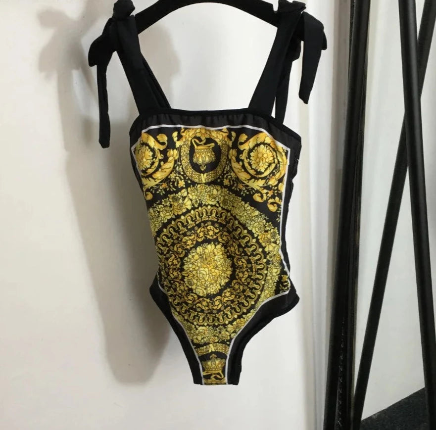 Vintage Print Spaghetti Strap Bodysuit Swimwear + Skirt