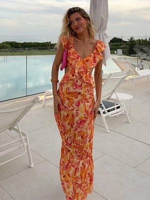 Fashion Floral Print Ruffle Slip Maxi Dresses