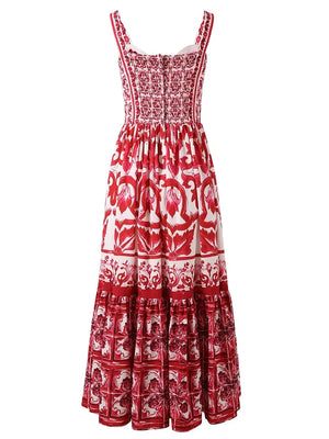 Runway Red Flower Print Back Elastic Dress