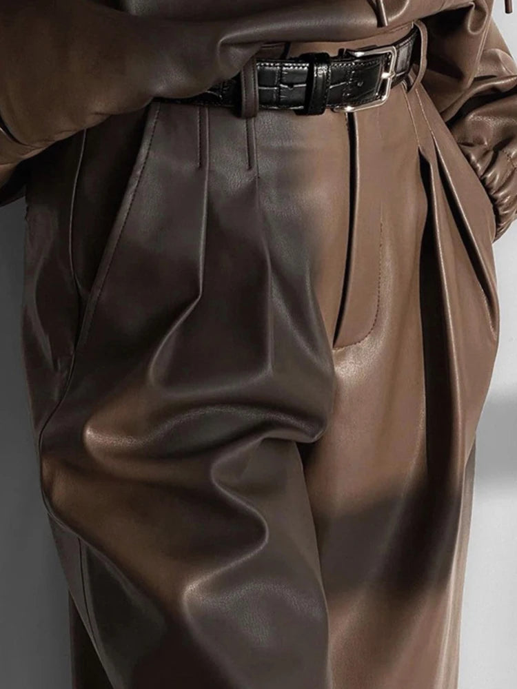 Leather Pant Set Solid Brown Outfits