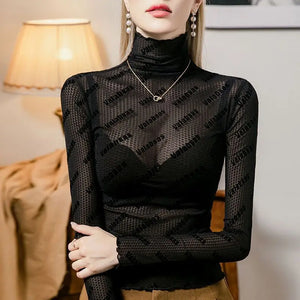 Letter High Neck Jacquard Mesh See Through Top