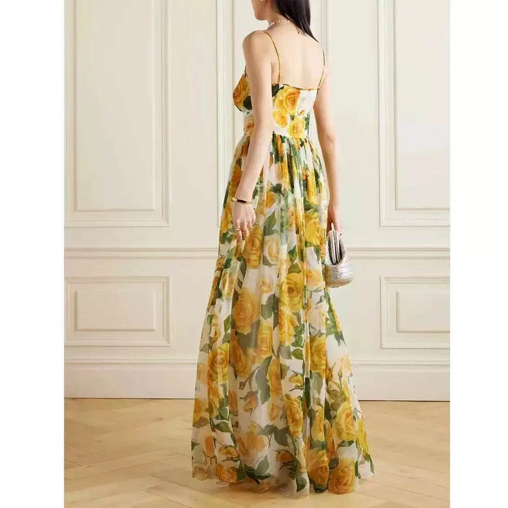 Runway Elegant Summer Yellow Rose Flower Print Long Dress