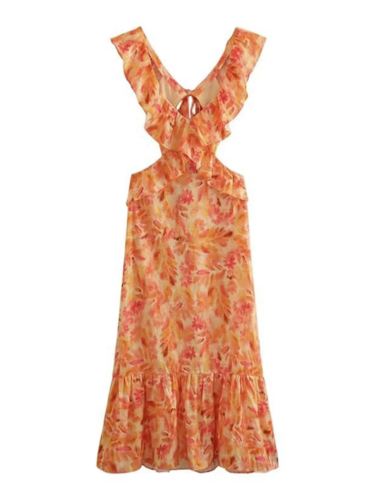 Fashion Floral Print Ruffle Slip Maxi Dresses