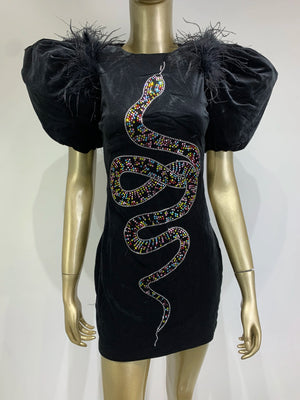 Runway Puff Sleeve Snake Crystal Diamonds Velvet Black Mini Dress