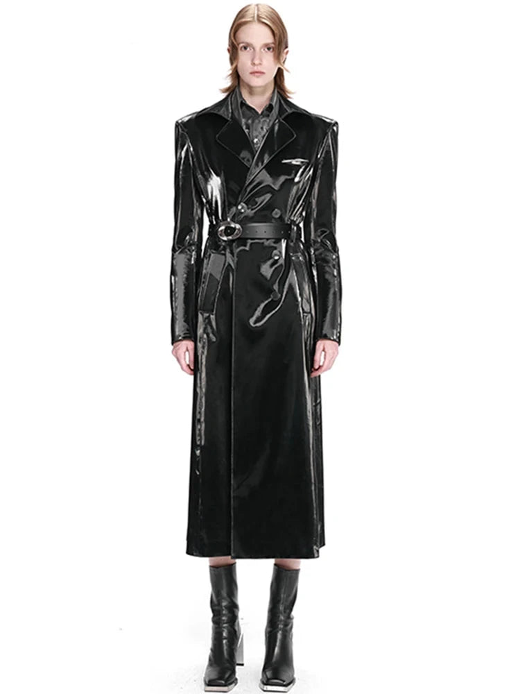 Long Black Waterproof Reflective Patent Leather Trench Coat