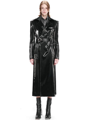 Long Black Waterproof Reflective Patent Leather Trench Coat