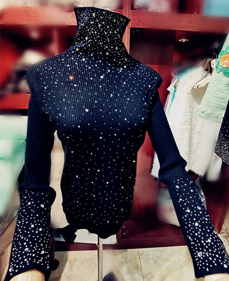 Luxury Style Sparking Diamonds Black Turtleneck Sweater