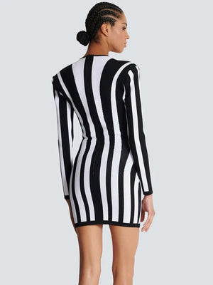 Celebrity Sexy V Neck Long Sleeve Striped Mini Bodycon Bandage Dress