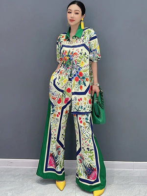 2 Piece Set Printed Long Sleeved Shirt Wide Legged Pant