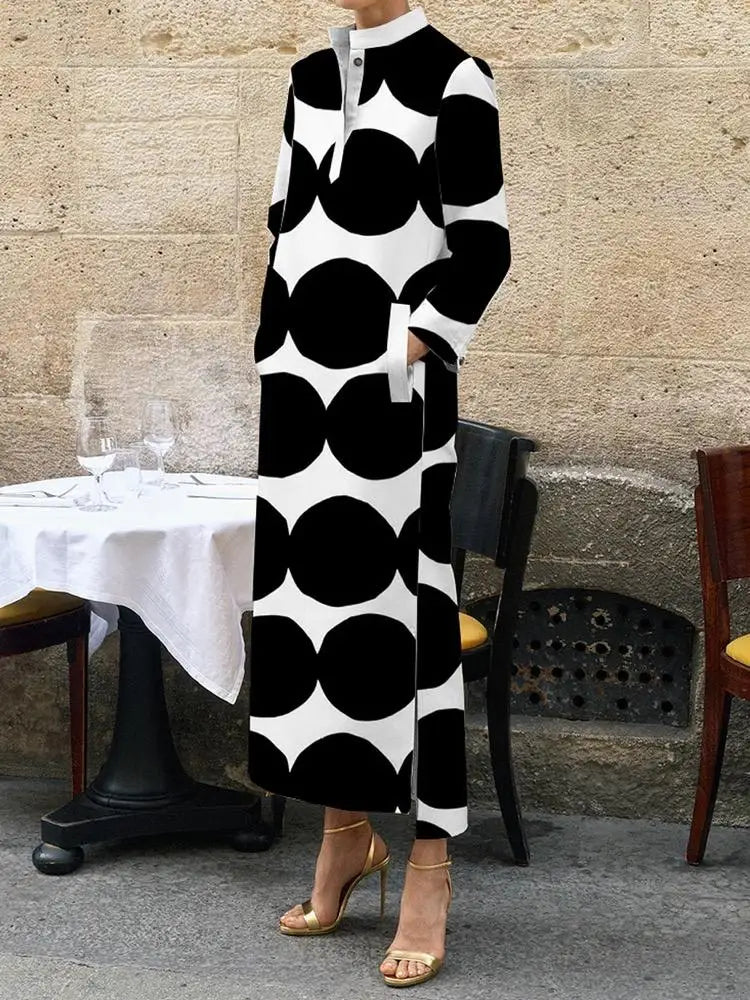 Stylish Selection Polka-Dot Split-Side Stand Collar Long Dress