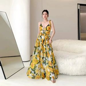 Runway Elegant Summer Yellow Rose Flower Print Long Dress