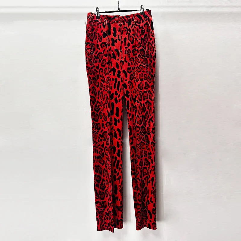 Velvet Designer Red Leopard Print Pencil Pants + Jacket 2pcs Suit