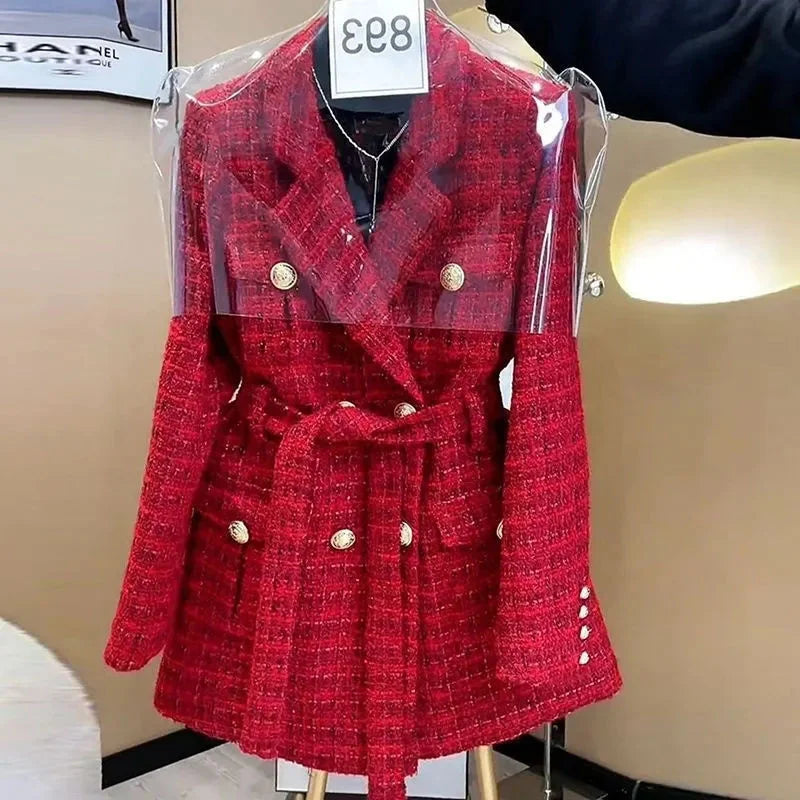 Red Black Coarse Tweed Woolen Coat