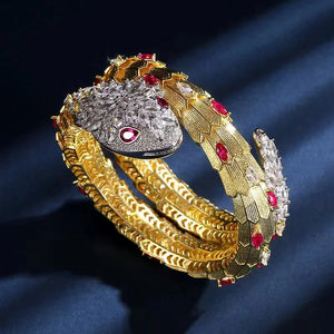 Designer Ring Earrings Bracelet Necklace Plated Gold Color Zircon Green Red Eyes Snake Serpent Jewelry Sets