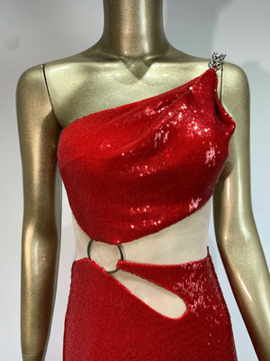 One Shoulder Cut Out Red Mesh Sequins Red Celebrity Dress