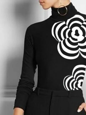 T-shirt Black White Floral Printed Slim Fit Pullover