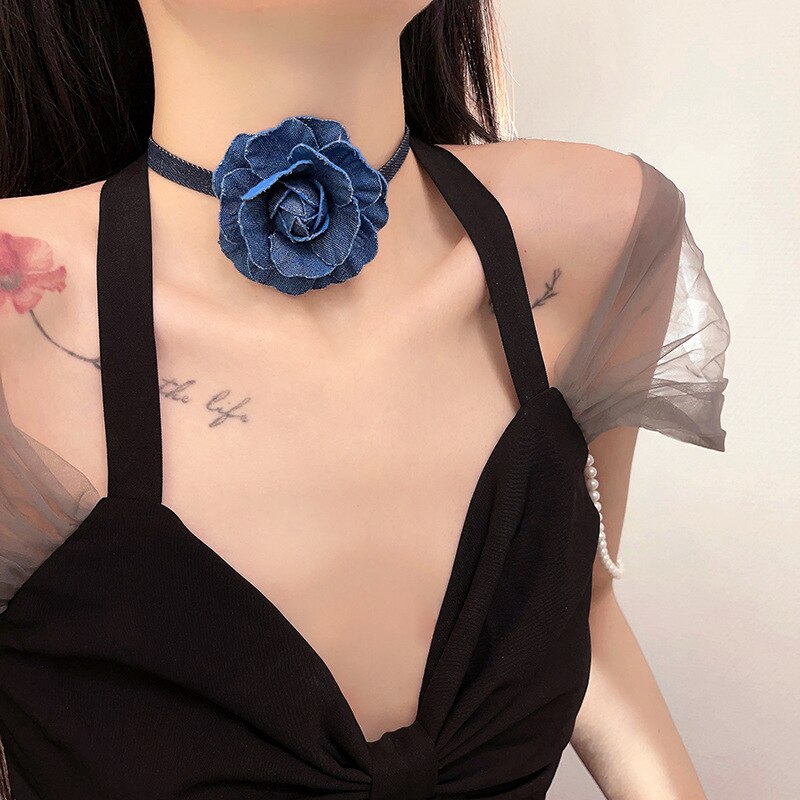 Blue Denim Strip with Large Flower Choker