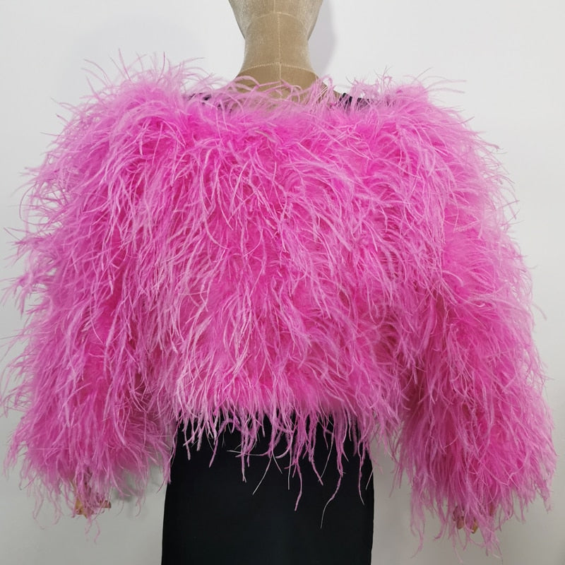 100% Real Ostrich Feather Off Shoulder Short Coat Length 40 cm