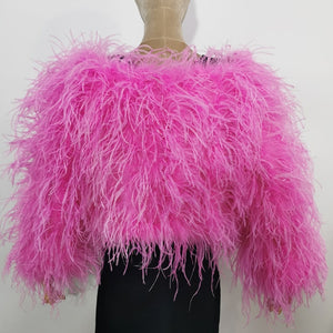 100% Real Ostrich Feather Off Shoulder Short Coat Length 40 cm