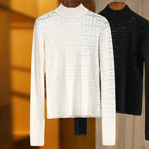 Knitting Soft Tops See-through Half-neck Collar Black and White Sweaters