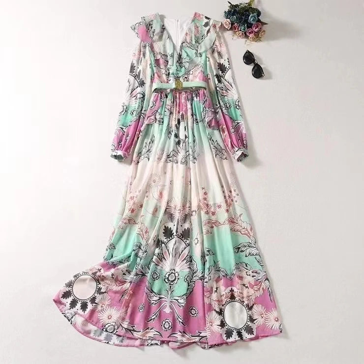 Ruffled Floral Print Belt Pleated Dress