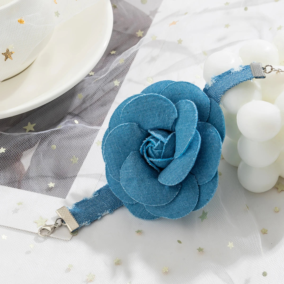 Elegant Blue Denim with Big Flower Bracelet