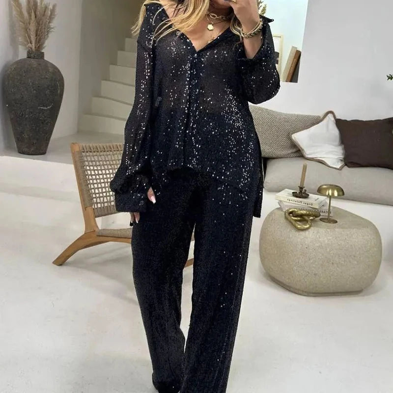 Lapel Button Shirt and Pants Suits