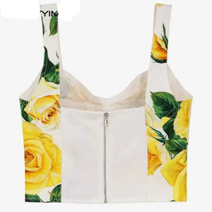 Poplin Yellow Rose Printed Spaghetti Strap Top+Poplin High-Waisted Half Skirt 2-Piece Set