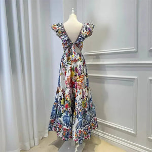 Designer Vintage Print Ruffled Sleeves Dress