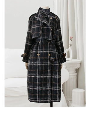 Long Loose Warm Plaid Wool Blends Trench Coat