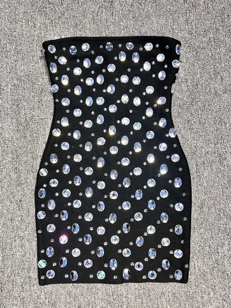 Celebrity Sexy Strapless Backless Beading Crystal Black Mini Bodycon