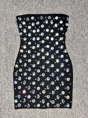 Celebrity Sexy Strapless Backless Beading Crystal Black Mini Bodycon