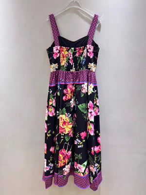 Vintage Print Splicing Polka Dot Halter Dress