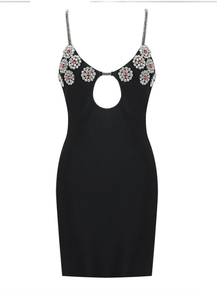 Key Hole Crystal Diamonds Black Mini Bandage Dress