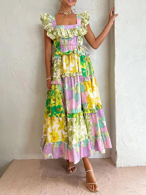 Trendy Ruched Hemline Design Printed Long Dresses