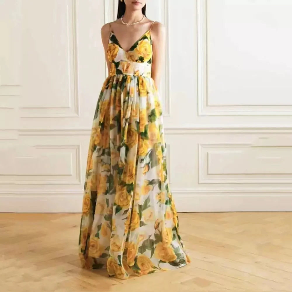 Runway Elegant Summer Yellow Rose Flower Print Long Dress