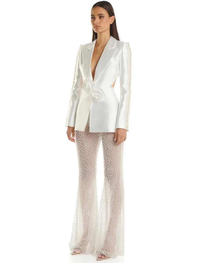 Designer Runway Hollow Out Flowers Appliques Pearls Blazer Beaded Pants