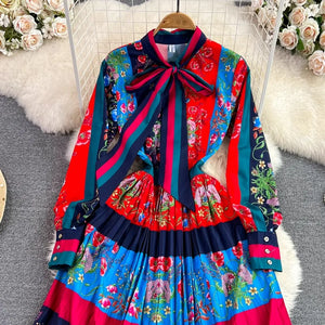 Bow Collar Long Sleeve Floral Printed Elegant  Runway Dresses