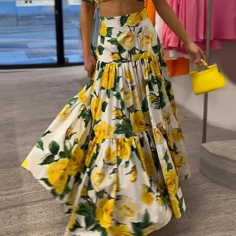 Floral Elegant Printed Puff Sleeve Off Shoulder Top Loose Pleated Long Skirt Sets