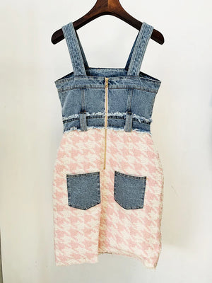 Designer Denim Tweed Houndstooth Patchwork Fringed Dress