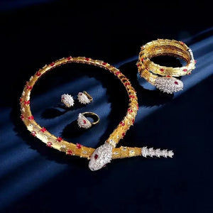 Designer Ring Earrings Bracelet Necklace Plated Gold Color Zircon Green Red Eyes Snake Serpent Jewelry Sets