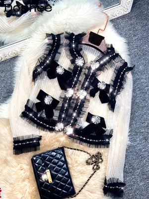 Socialite Heavy Beads Rhinestone Sequins Bow Mesh Short Coat