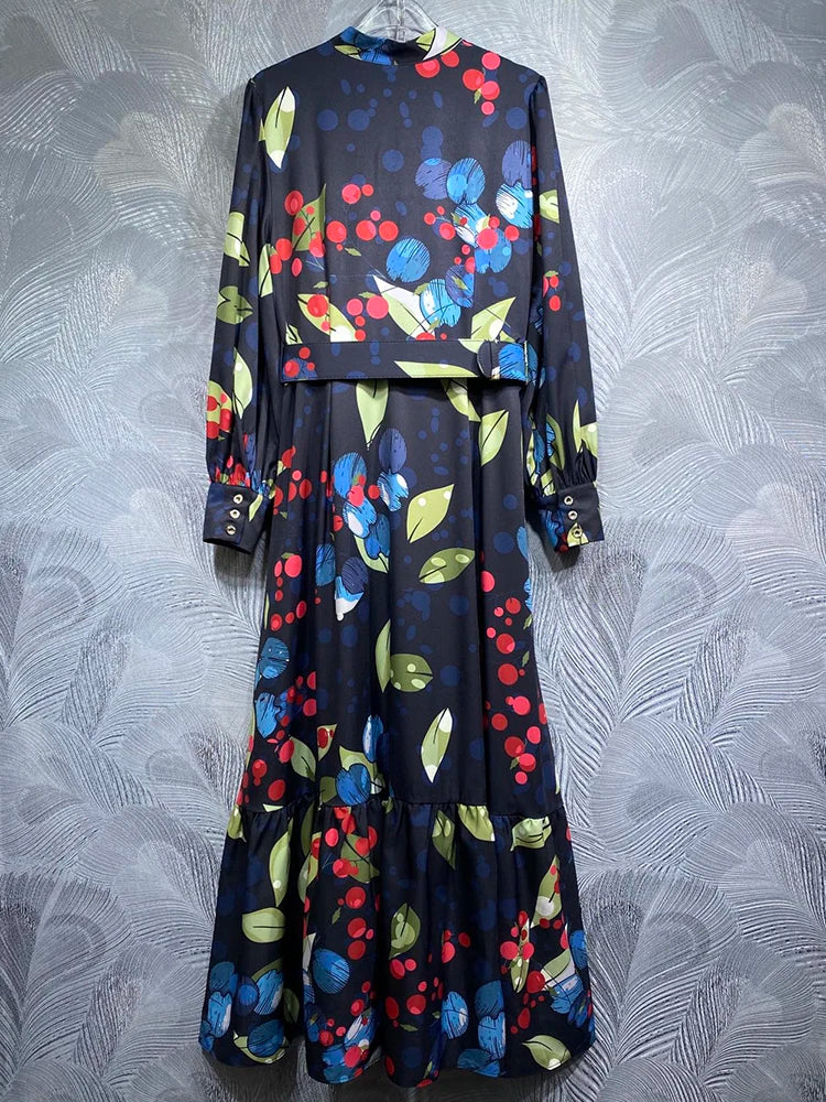 Belt Single Breasted Leaves Print Vintage Dresses