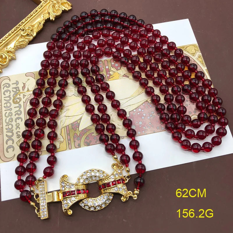 Vintage Multi-layer Garnet Glaze Bead Bracelet Premium Switch Necklace Set