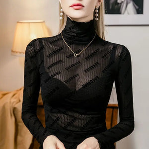 Letter High Neck Jacquard Mesh See Through Top