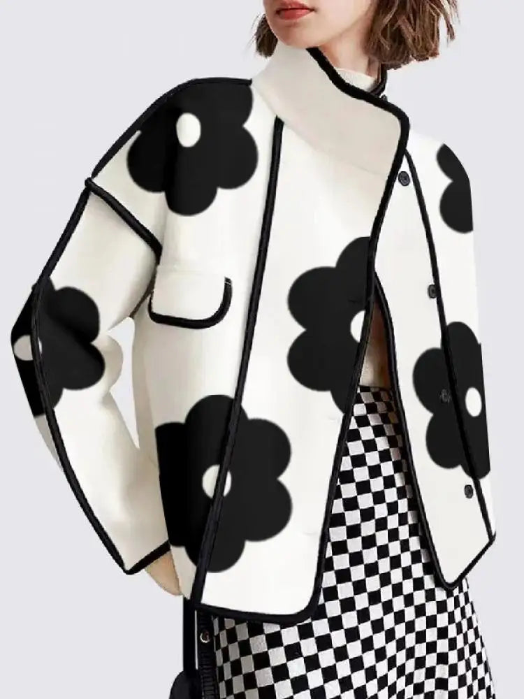 Black Flower Print High-Neck Coats