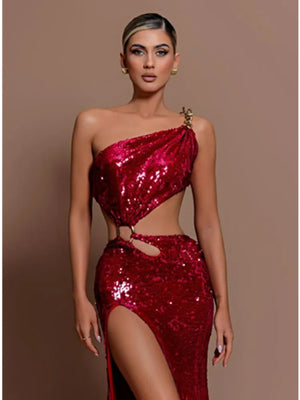 One Shoulder Cut Out Red Mesh Sequins Red Celebrity Dress