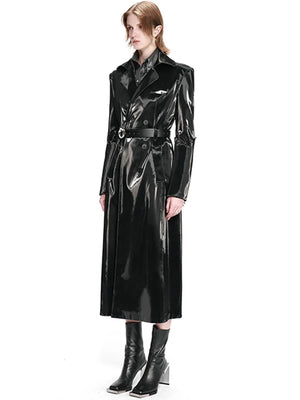 Long Black Waterproof Reflective Patent Leather Trench Coat