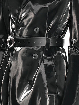 Long Black Waterproof Reflective Patent Leather Trench Coat