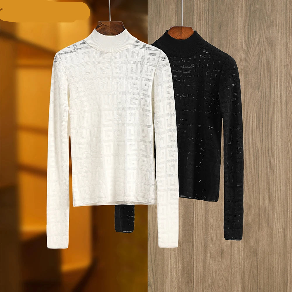 Knitting Soft Tops See-through Half-neck Collar Black and White Sweaters